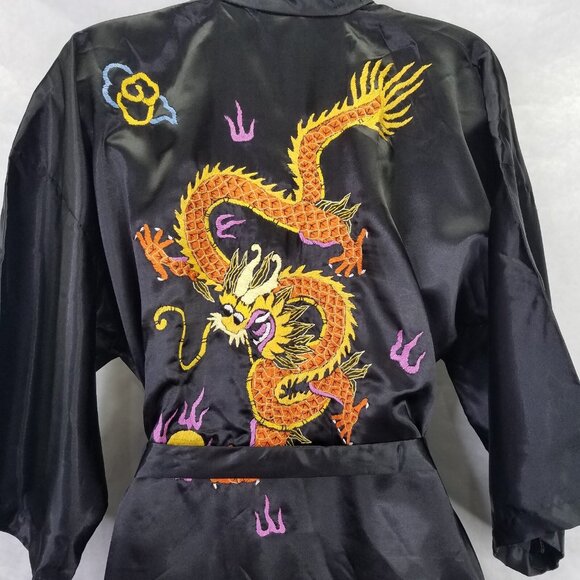 Lucky Kimono Bath Robe M Hand Embroidered Chinese Dragon Black Satin Tie Pockets - Picture 15 of 16